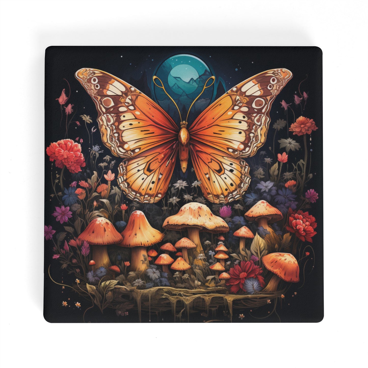 Mystical Butterfly with Mushroom Design Square Ceramic Coasters - Set of 4