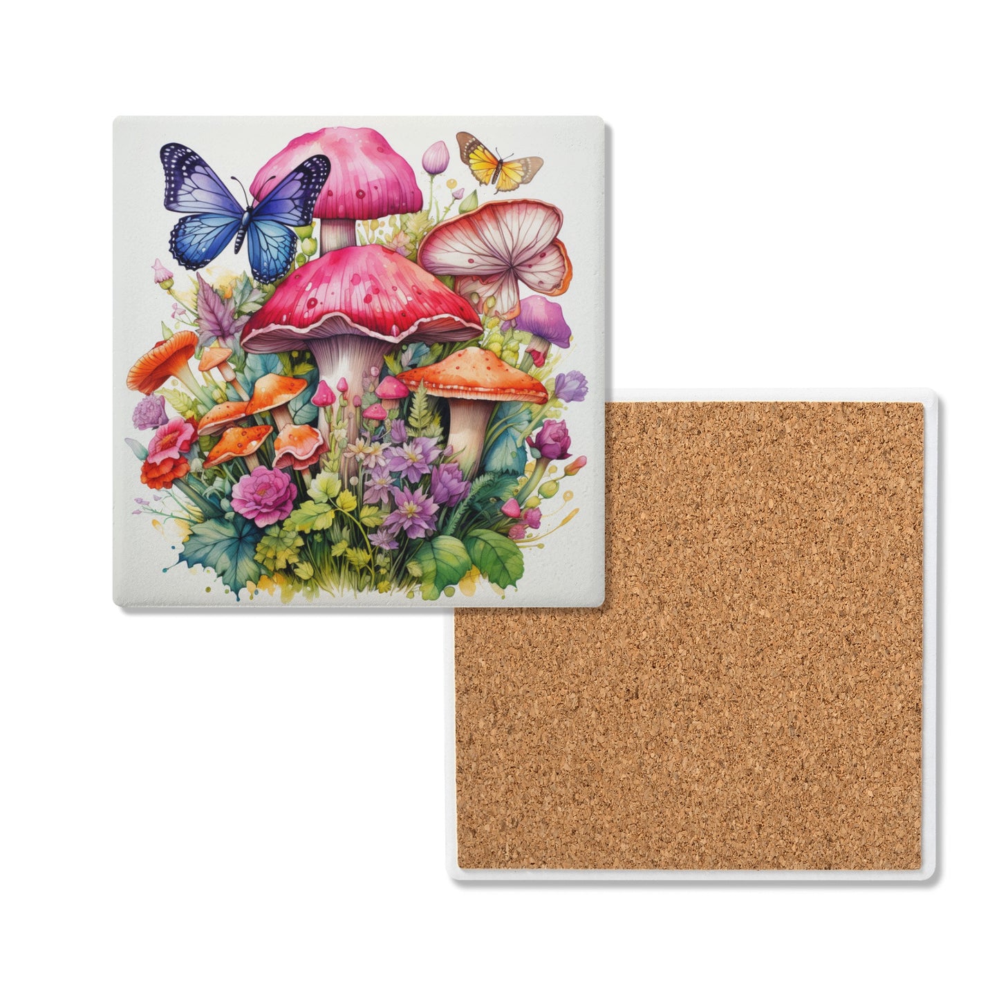 Magical Mushroom Oasis Where Flowers Bloom Amongst Butterflies Square Ceramic Coasters - Set of 4