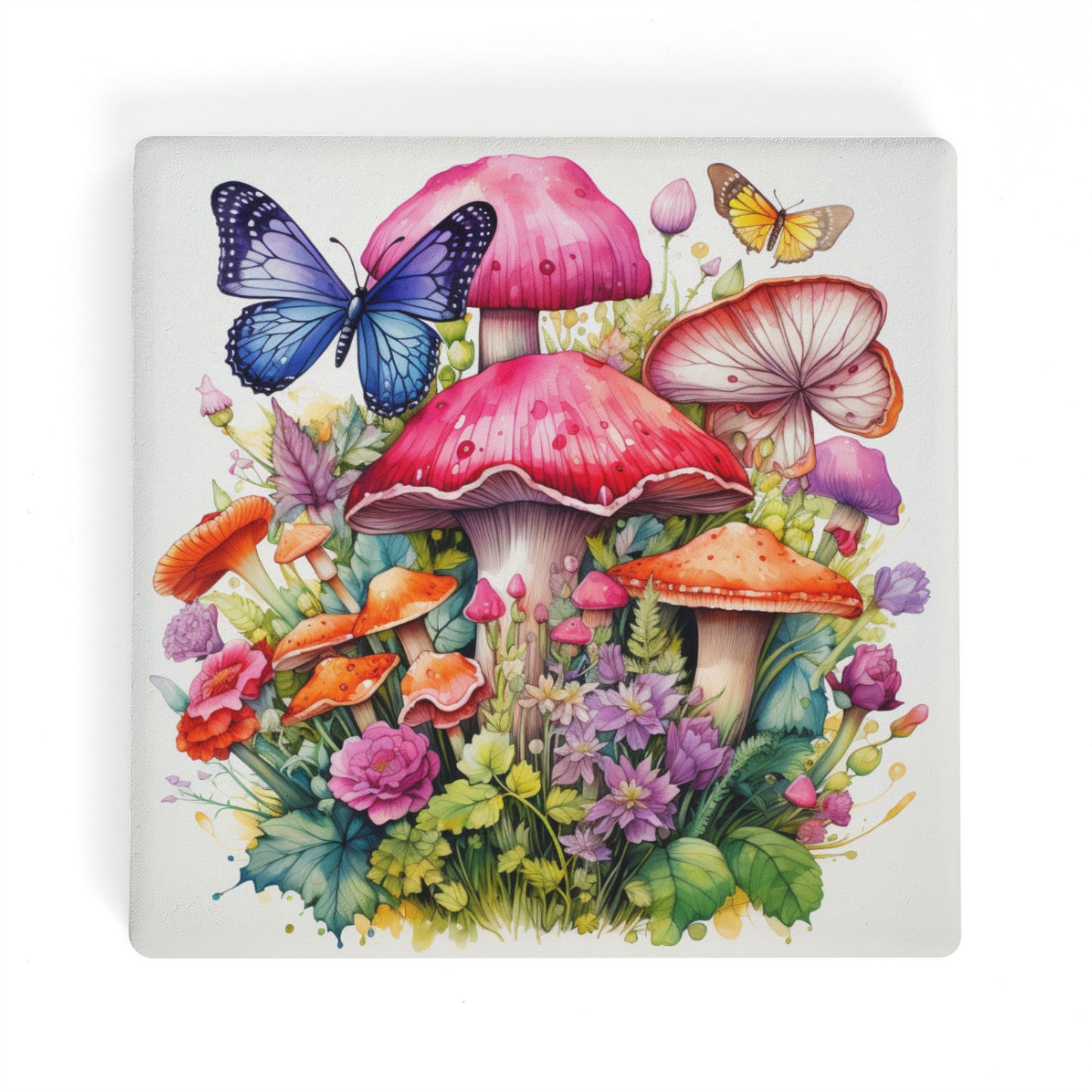 Magical Mushroom Oasis Where Flowers Bloom Amongst Butterflies Square Ceramic Coasters - Set of 4