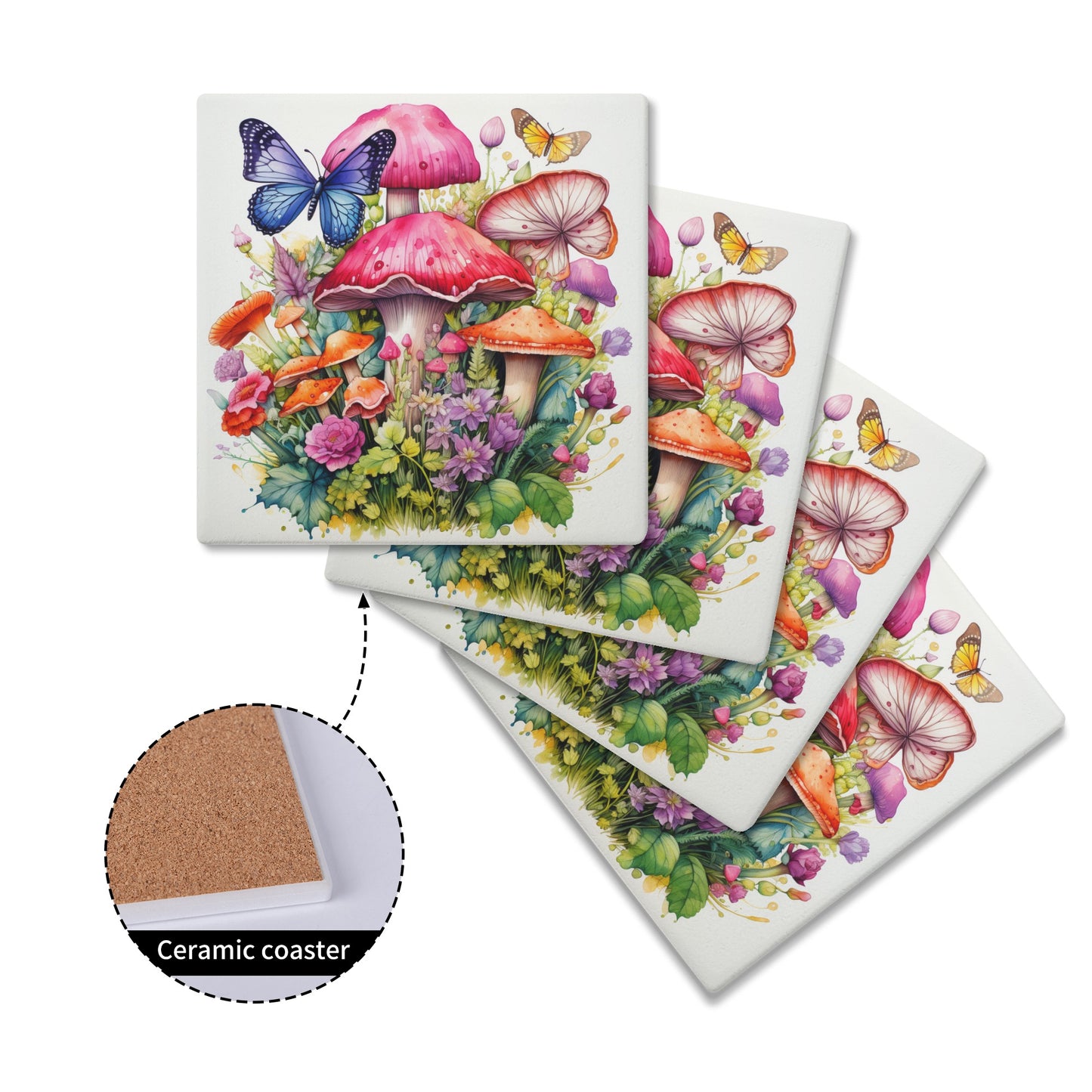 Magical Mushroom Oasis Where Flowers Bloom Amongst Butterflies Square Ceramic Coasters - Set of 4