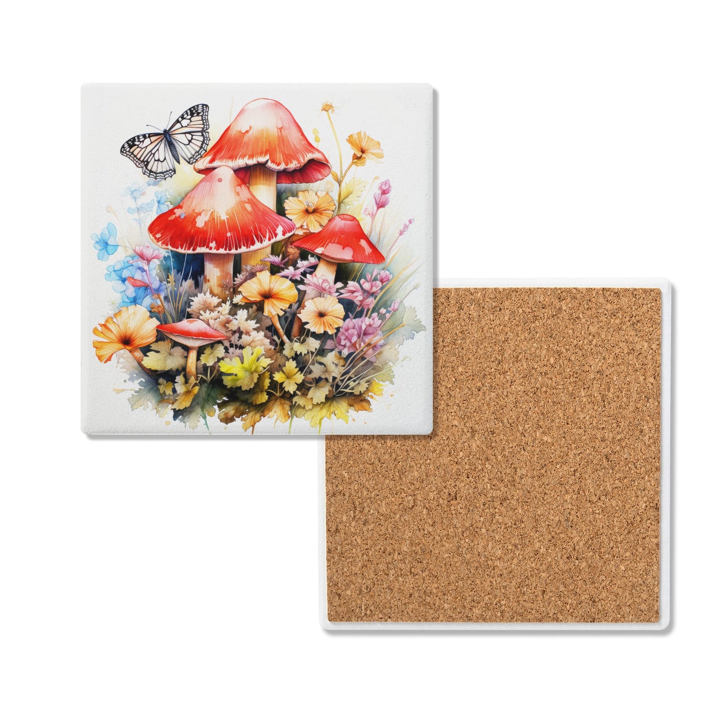 Magical Mushroom Oasis Where Flowers Bloom Amongst Butterflies Square Ceramic Coasters - Set of 4