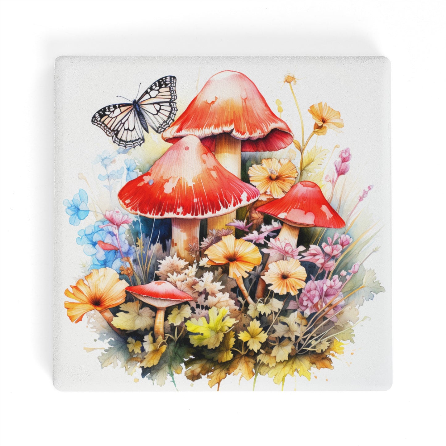 Magical Mushroom Oasis Where Flowers Bloom Amongst Butterflies Square Ceramic Coasters - Set of 4