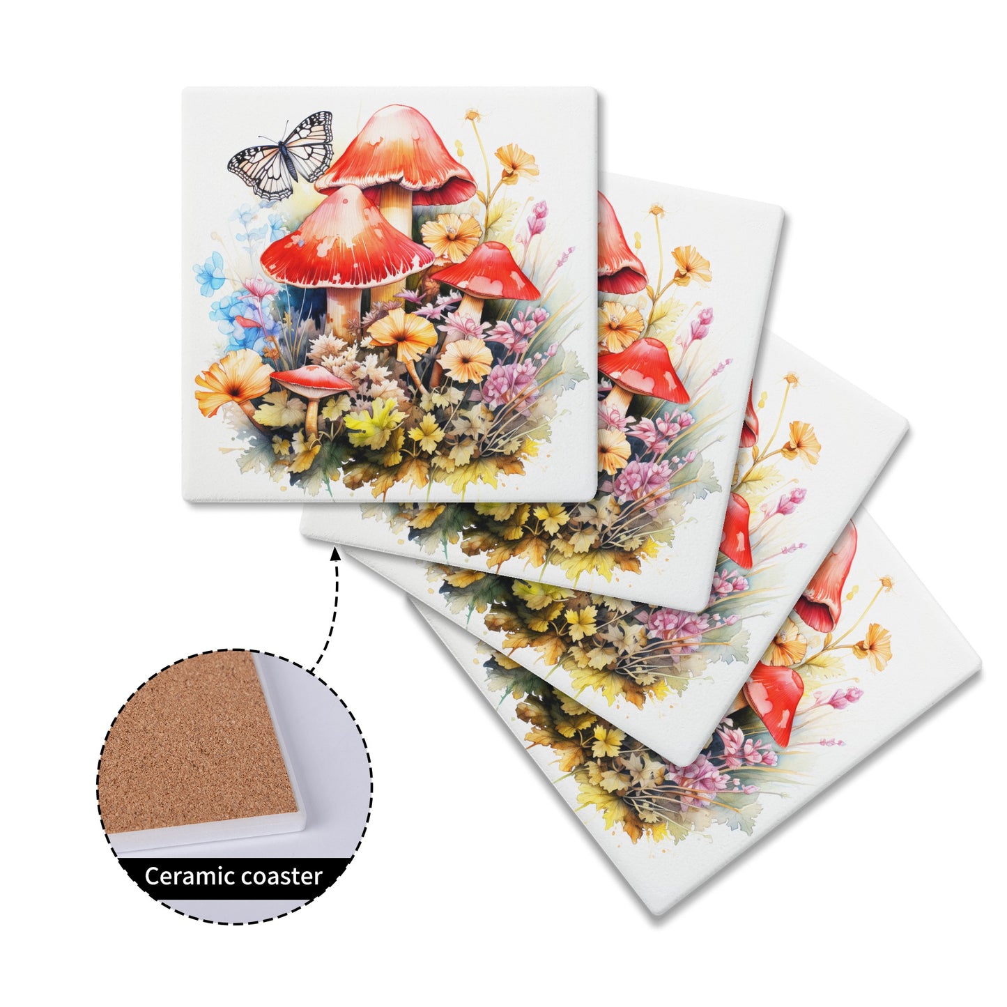 Magical Mushroom Oasis Where Flowers Bloom Amongst Butterflies Square Ceramic Coasters - Set of 4