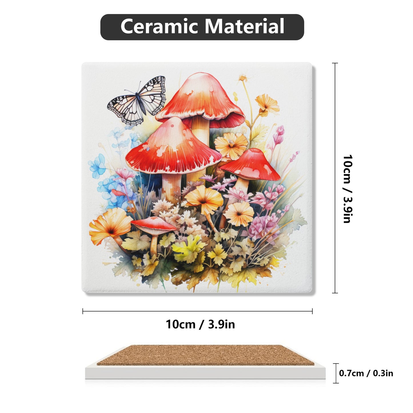 Magical Mushroom Oasis Where Flowers Bloom Amongst Butterflies Square Ceramic Coasters - Set of 4