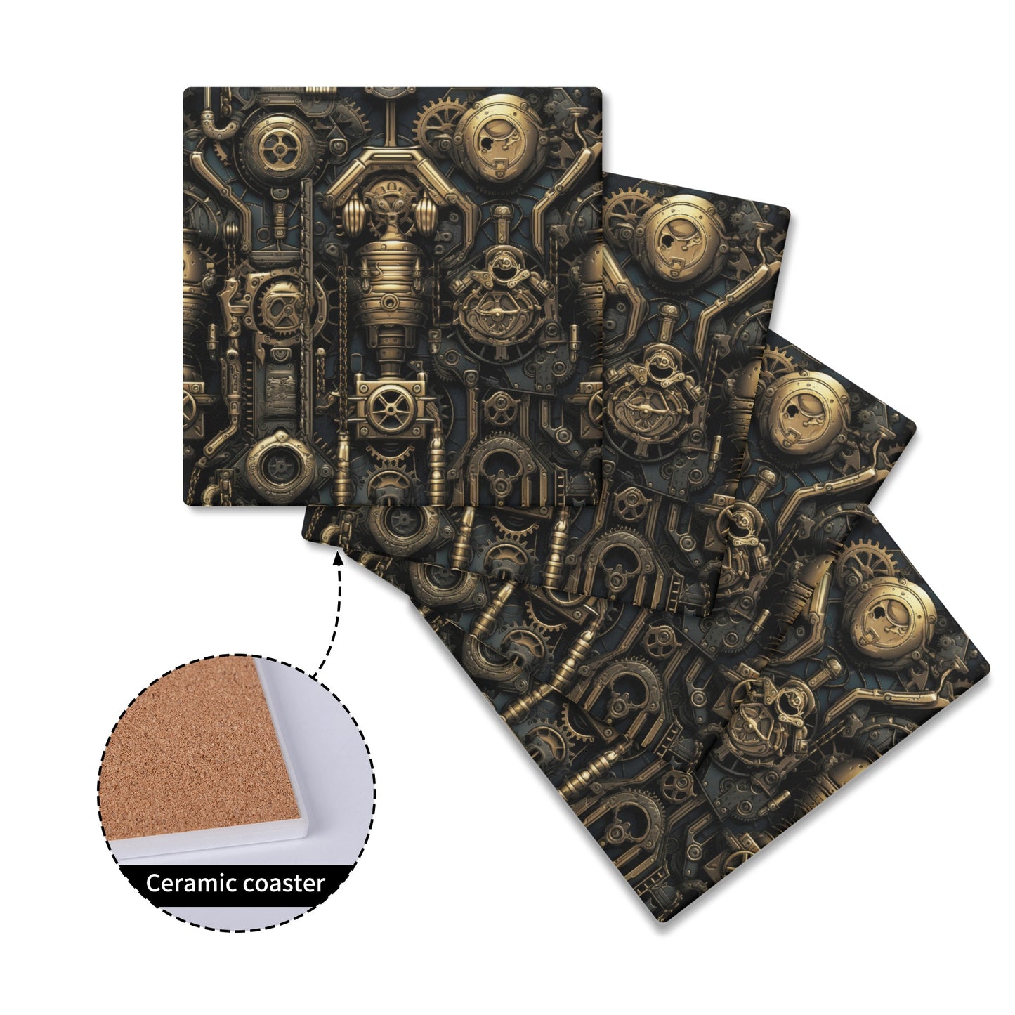 Steampunk Gold Gears and Mechanical Elements Square Ceramic Coasters - Set of 4