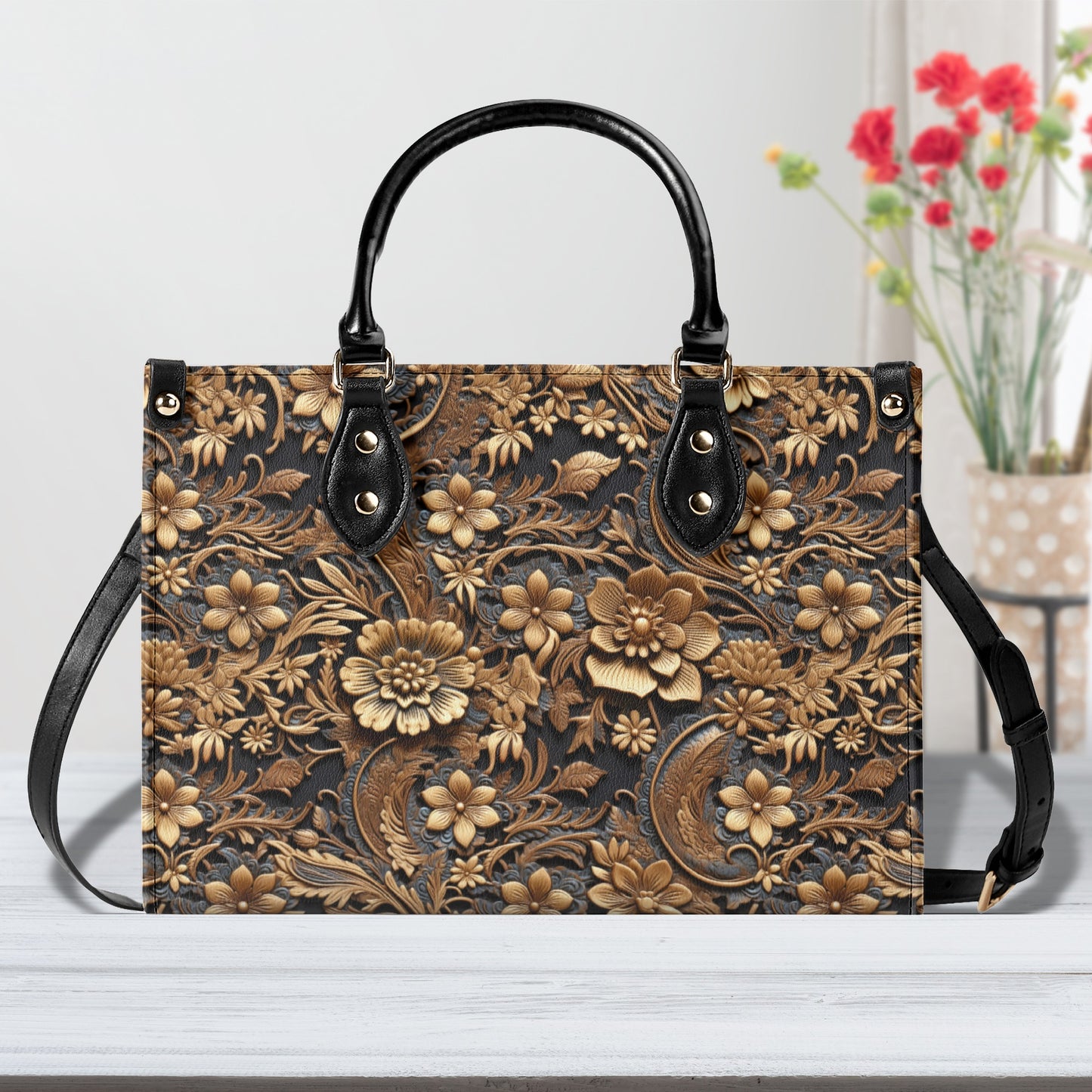 Print of Tooled Leather Large Gold Flowers with Blue Leaf Swirl Accents Leather Handbag (PU) - 3 Sizes