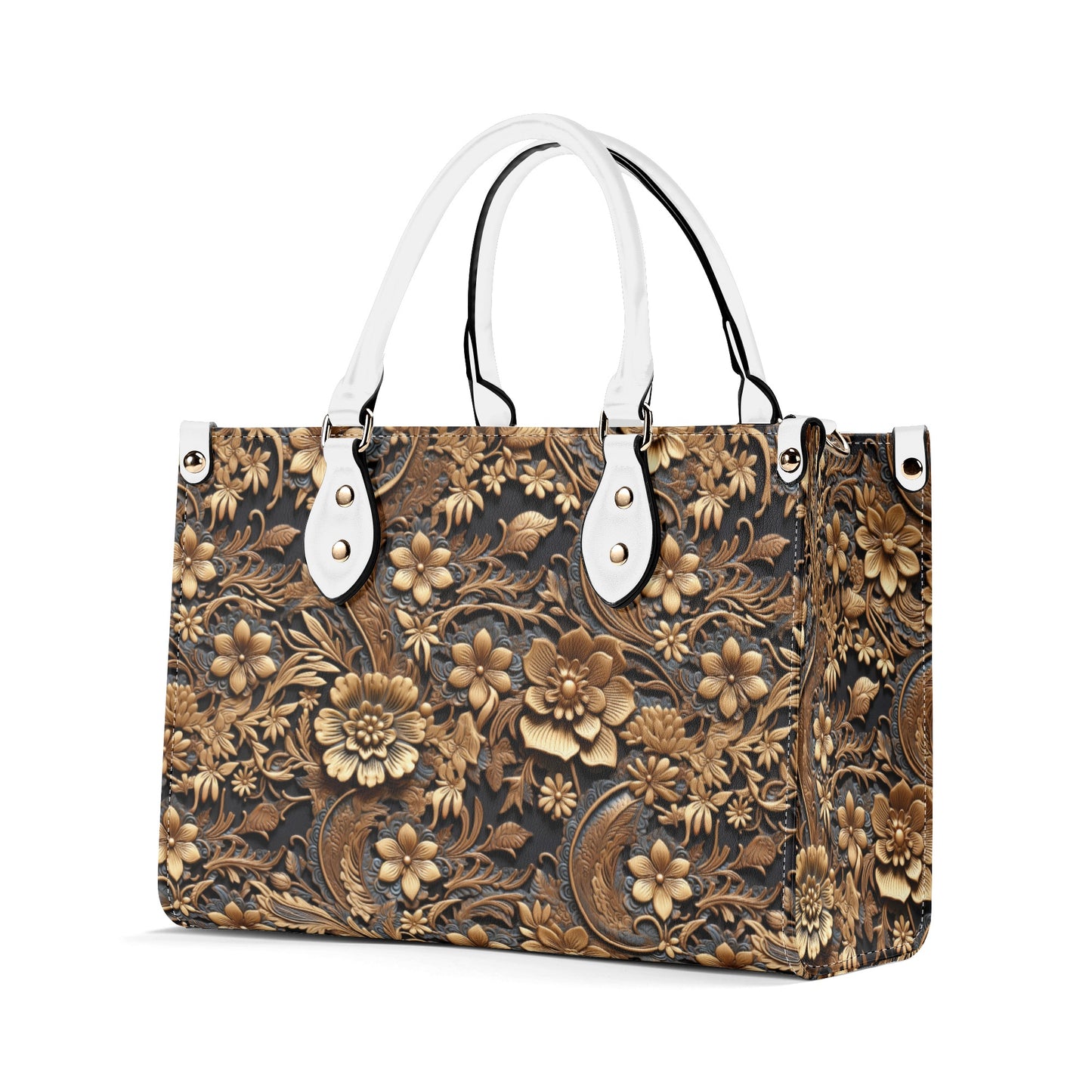 Print of Tooled Leather Large Gold Flowers with Blue Leaf Swirl Accents Leather Handbag (PU) - 3 Sizes