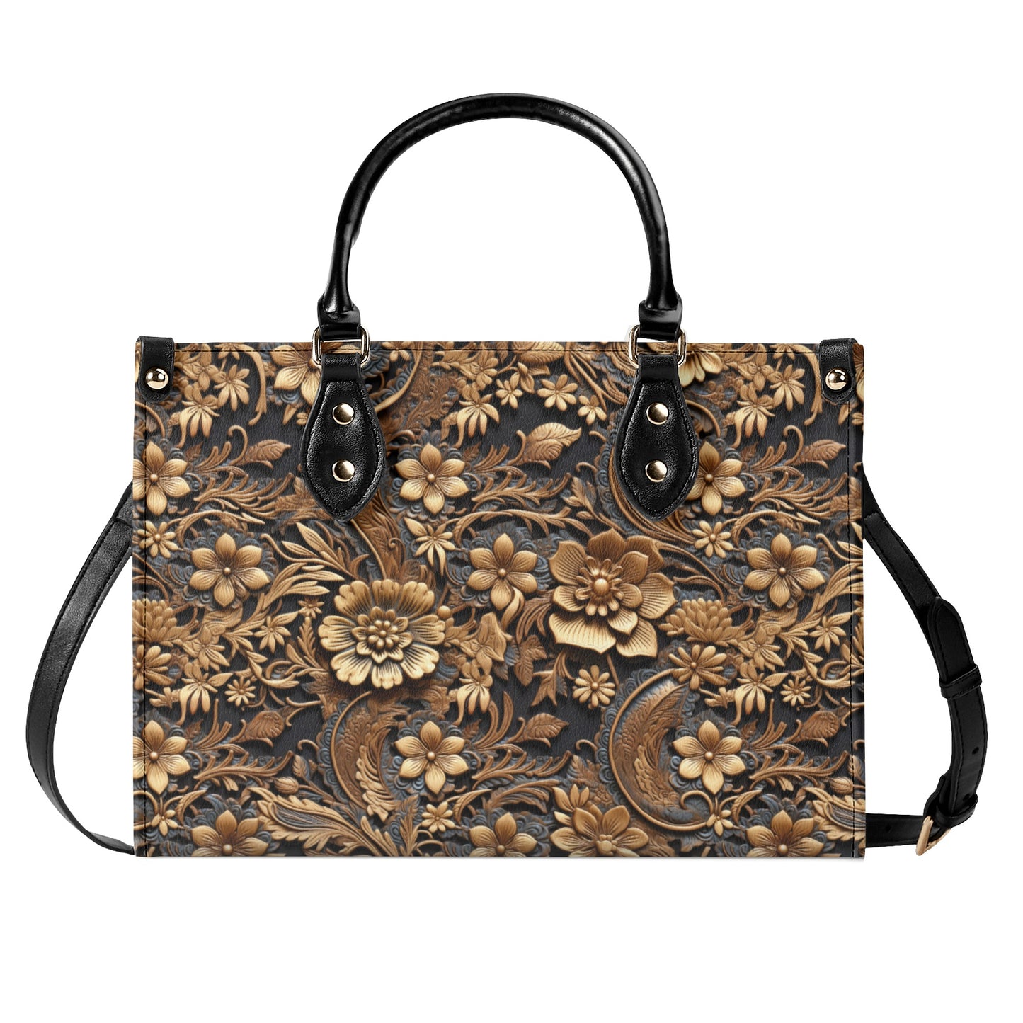 Print of Tooled Leather Large Gold Flowers with Blue Leaf Swirl Accents Leather Handbag (PU) - 3 Sizes