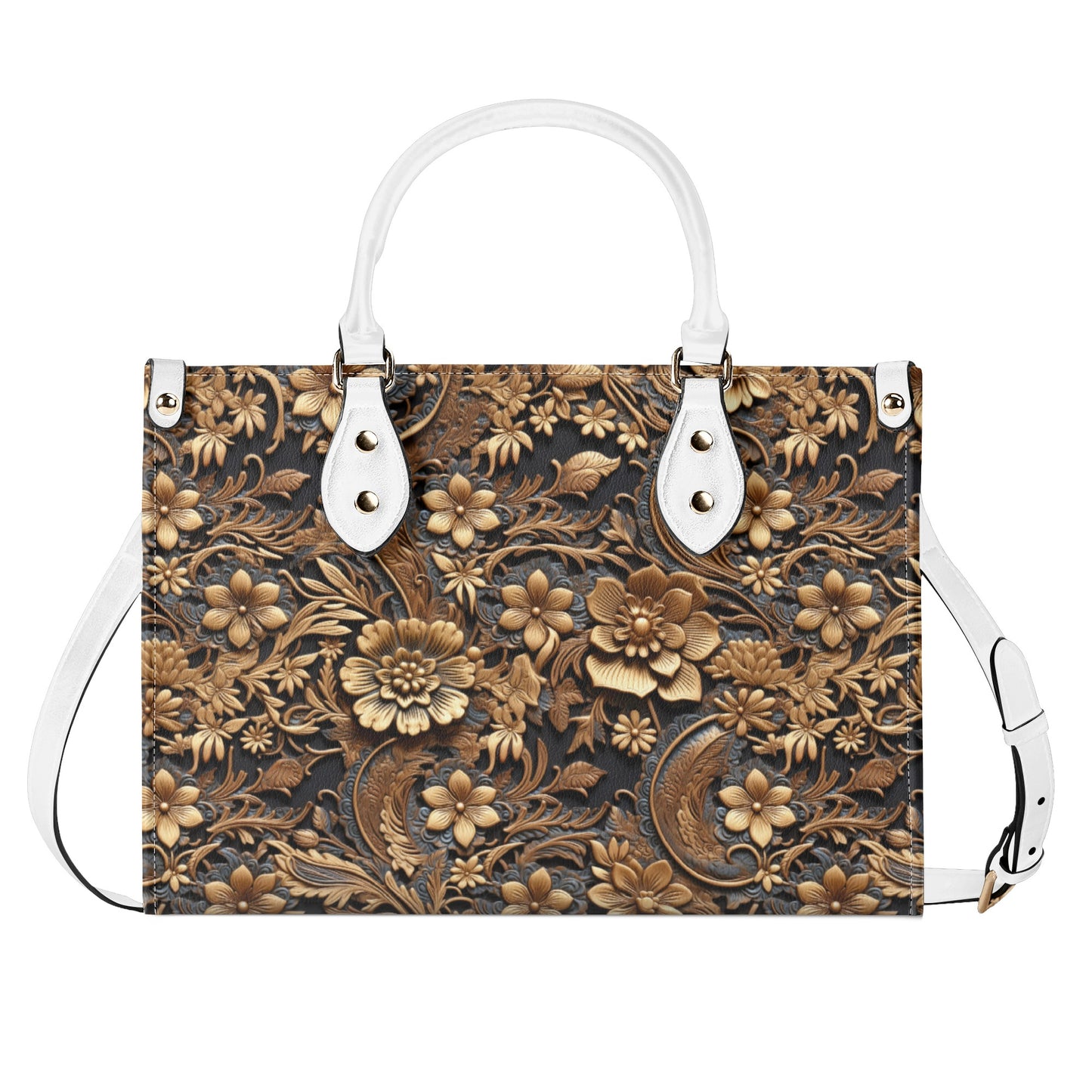 Print of Tooled Leather Large Gold Flowers with Blue Leaf Swirl Accents Leather Handbag (PU) - 3 Sizes