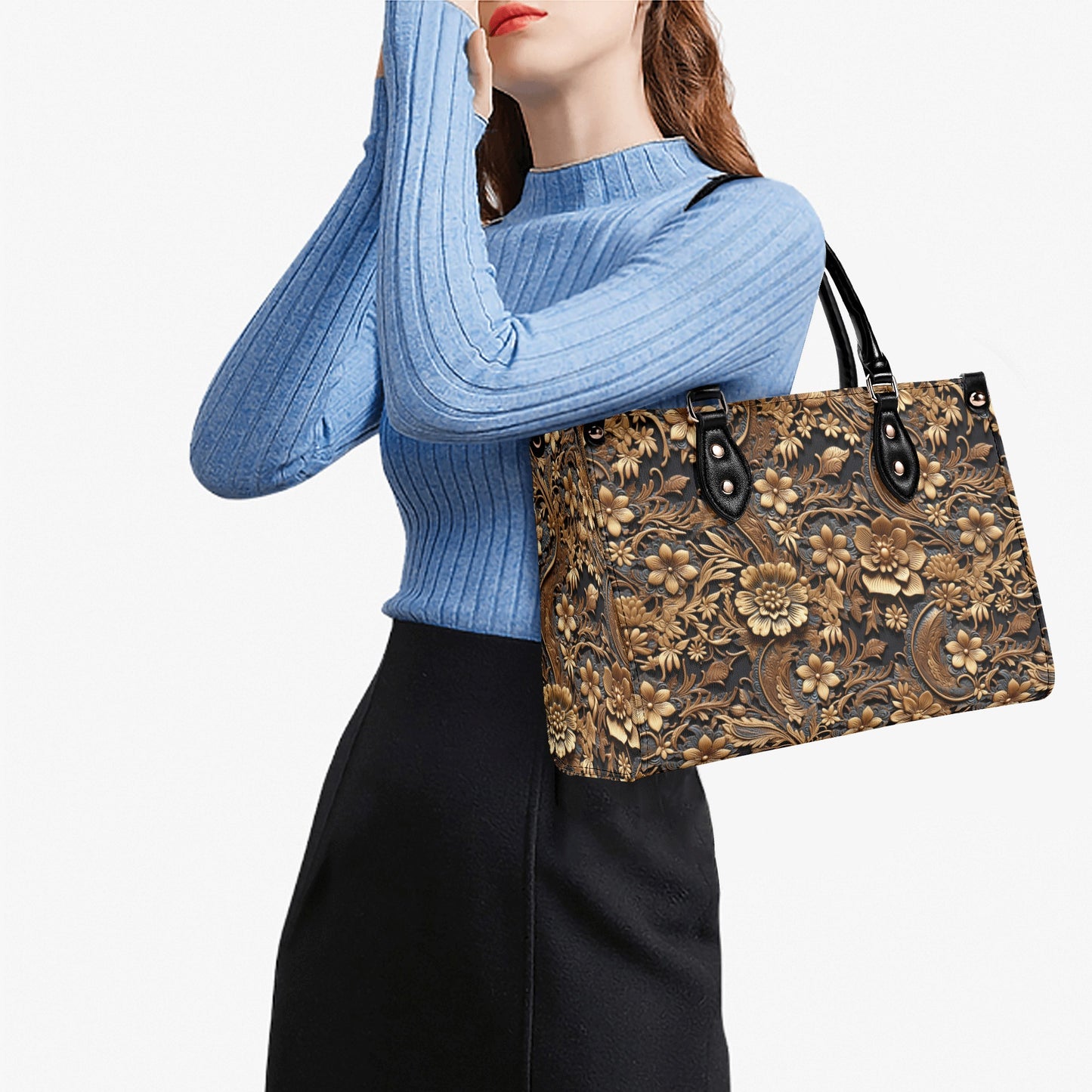 Print of Tooled Leather Large Gold Flowers with Blue Leaf Swirl Accents Leather Handbag (PU) - 3 Sizes