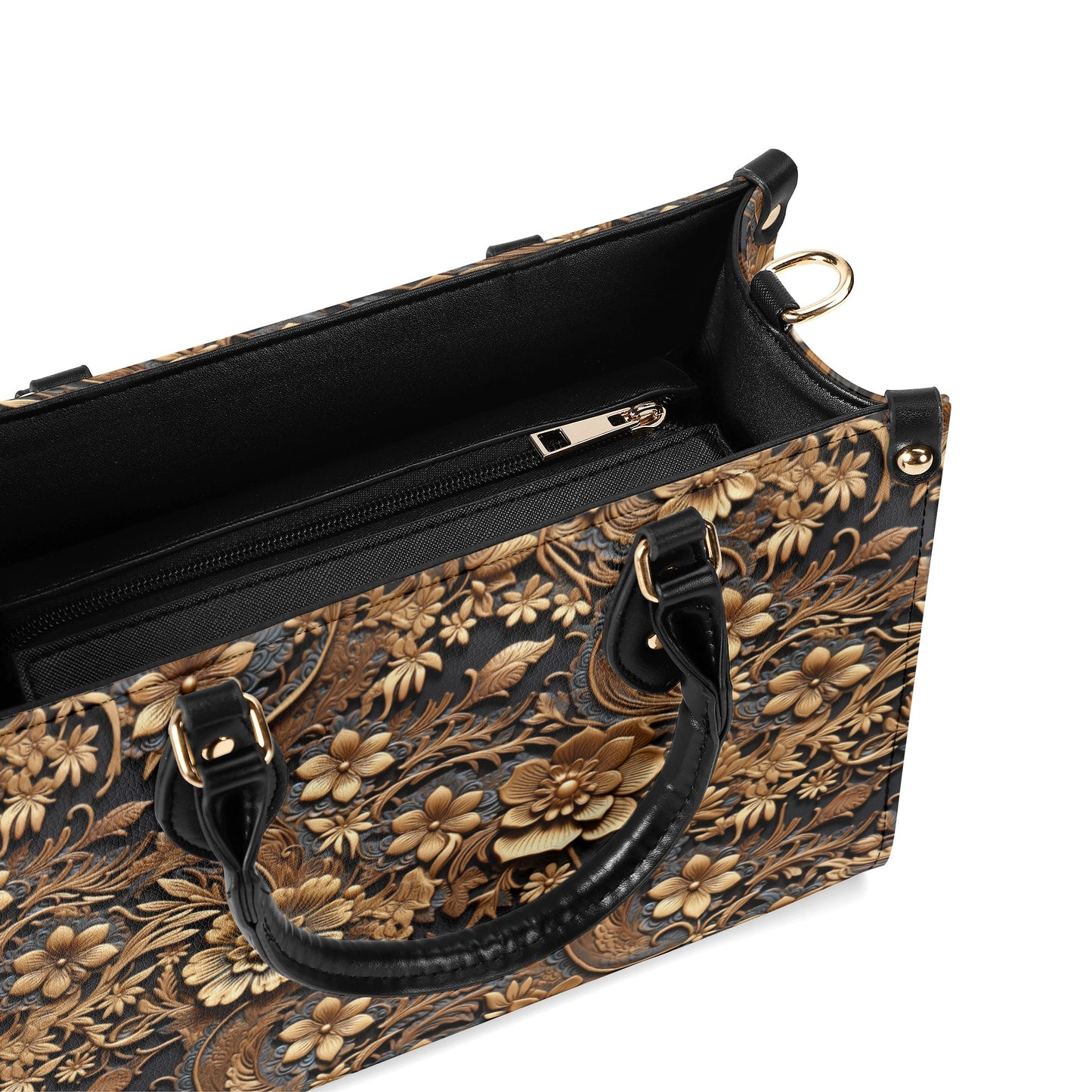 Print of Tooled Leather Large Gold Flowers with Blue Leaf Swirl Accents Leather Handbag (PU) - 3 Sizes