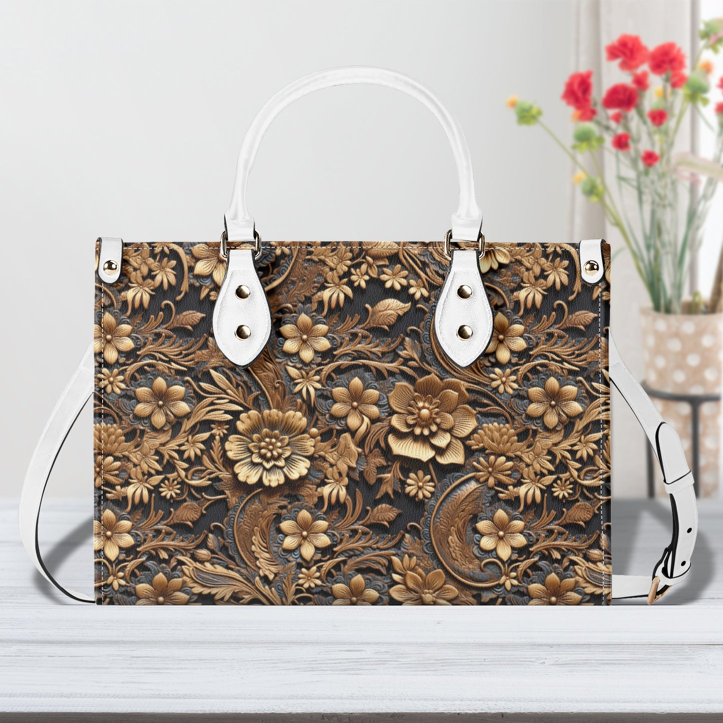 Print of Tooled Leather Large Gold Flowers with Blue Leaf Swirl Accents Leather Handbag (PU) - 3 Sizes