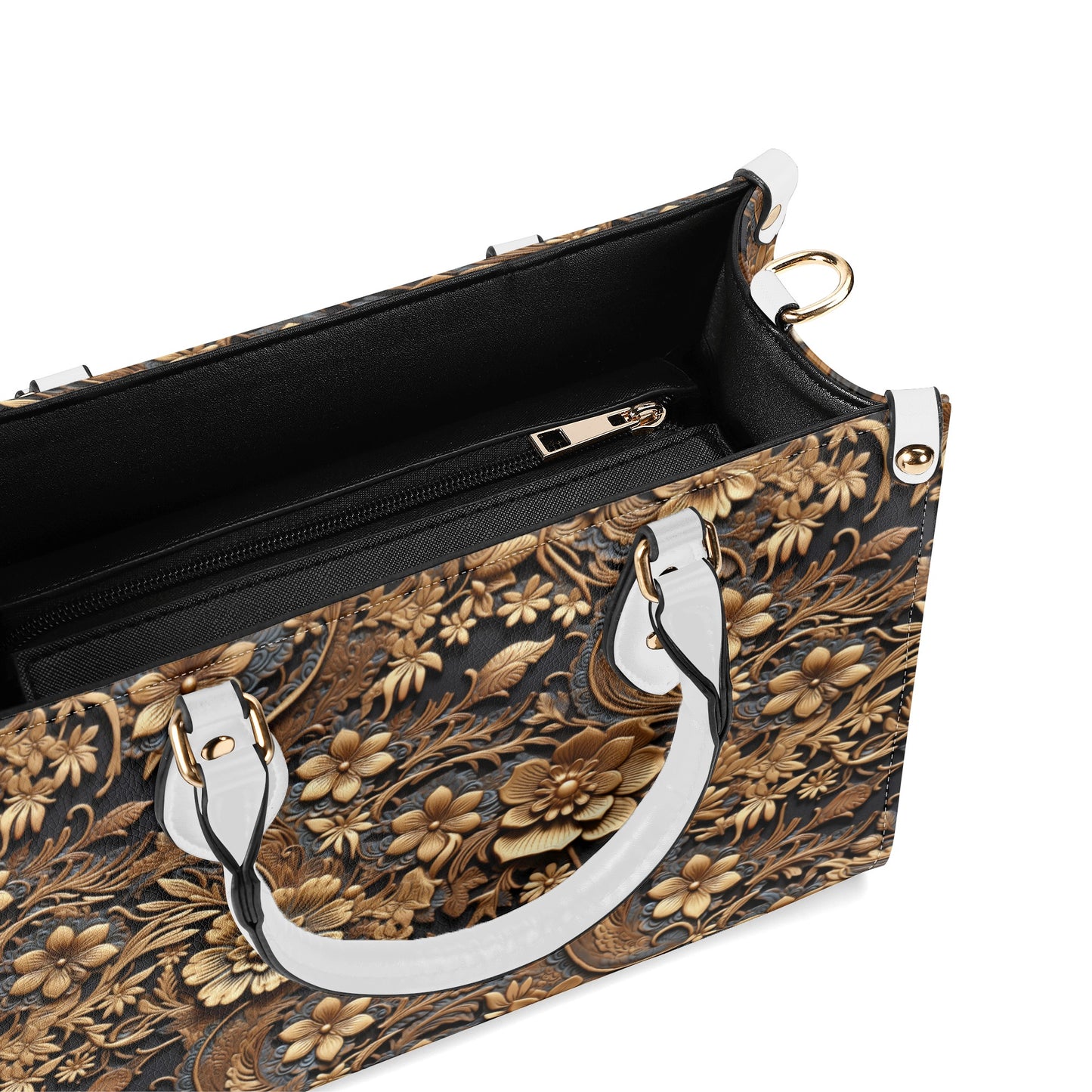 Print of Tooled Leather Large Gold Flowers with Blue Leaf Swirl Accents Leather Handbag (PU) - 3 Sizes