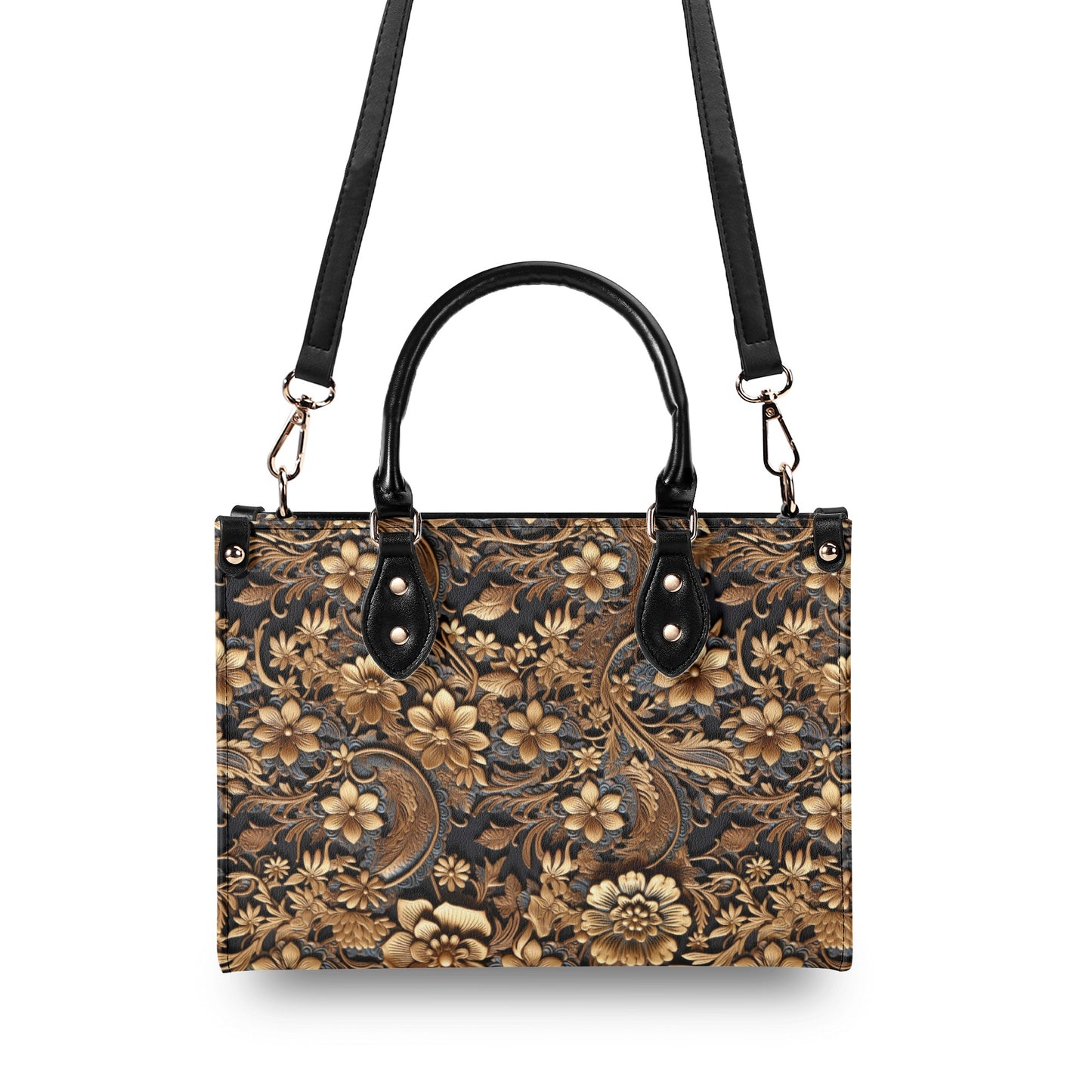 Print of Tooled Leather Large Gold Flowers with Blue Leaf Swirl Accents Leather Handbag (PU) - 3 Sizes