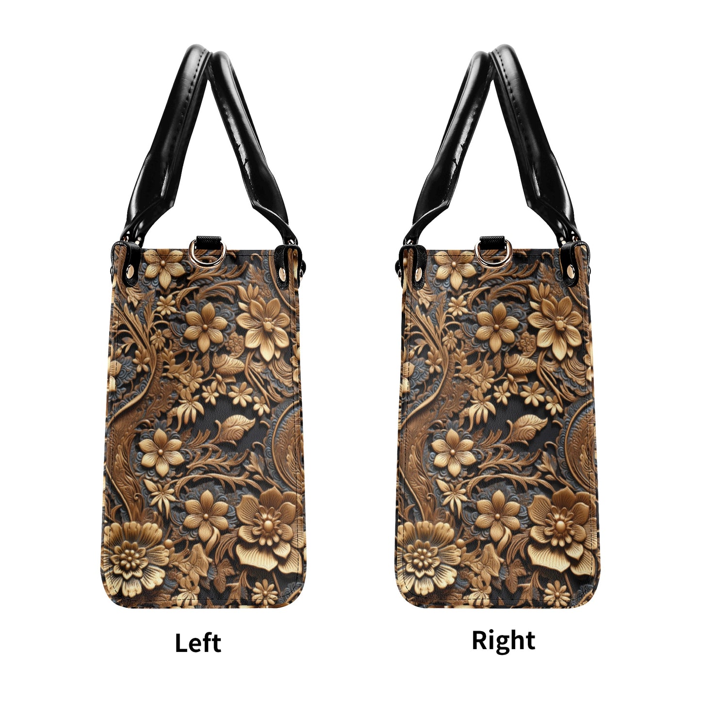 Print of Tooled Leather Large Gold Flowers with Blue Leaf Swirl Accents Leather Handbag (PU) - 3 Sizes