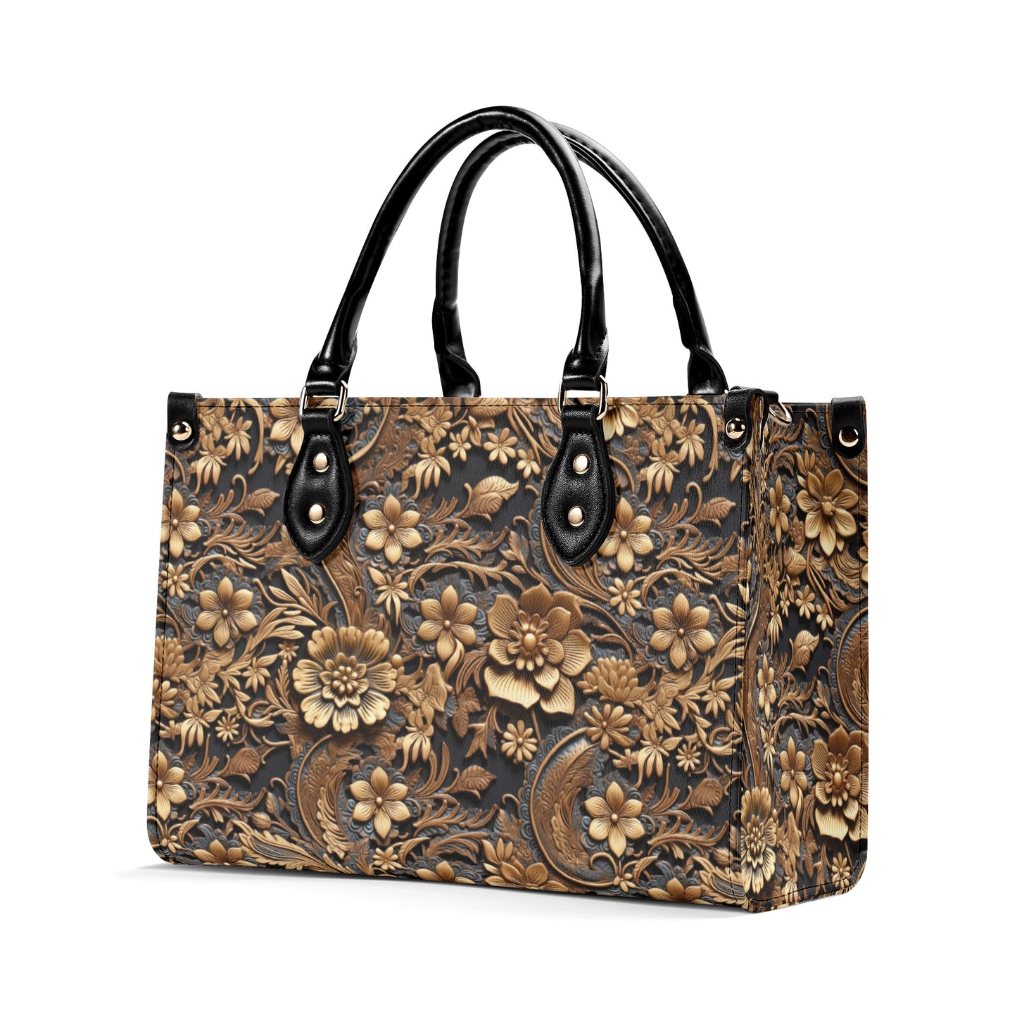 Print of Tooled Leather Large Gold Flowers with Blue Leaf Swirl Accents Leather Handbag (PU) - 3 Sizes