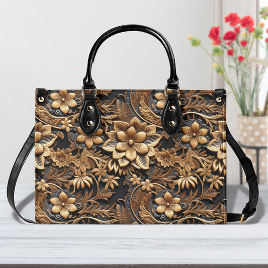 Print of Tooled Gold Leather Flowers with Blue Accent Leather Handbag (PU) - 3 Sizes