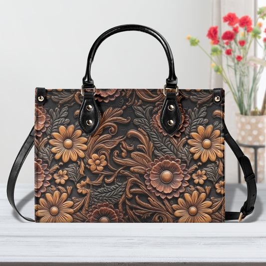 Print of Tooled Leather Large Red & Gold Flowers with Blue Accents Leather Handbag (PU) - 3 Sizes