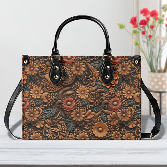 Print of Tooled Leather Flowers with Red and Blue Accent Leather Handbag (PU) - 3 Sizes