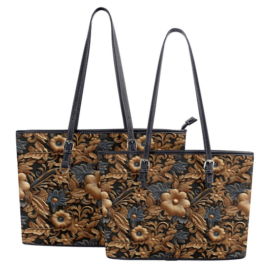 Tooled Leather Gold Flowers with Blue Leaves Accent Print Design Professional Tote Bag Faux Leather (PU) - 2 Sizes