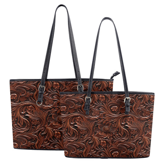 Rustic Tooled Deep Brown Leather Flowers with Leaf Accents Print Design Professional Tote Bag Faux Leather (PU) - 2 Sizes