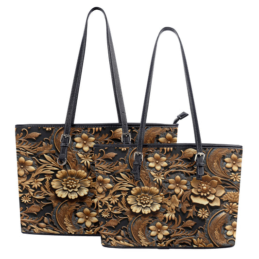 Tooled Leather Large Gold Flowers with Blue Leaf Swirl Accents Print Design Professional Tote Bag Faux Leather (PU) - 2 Sizes