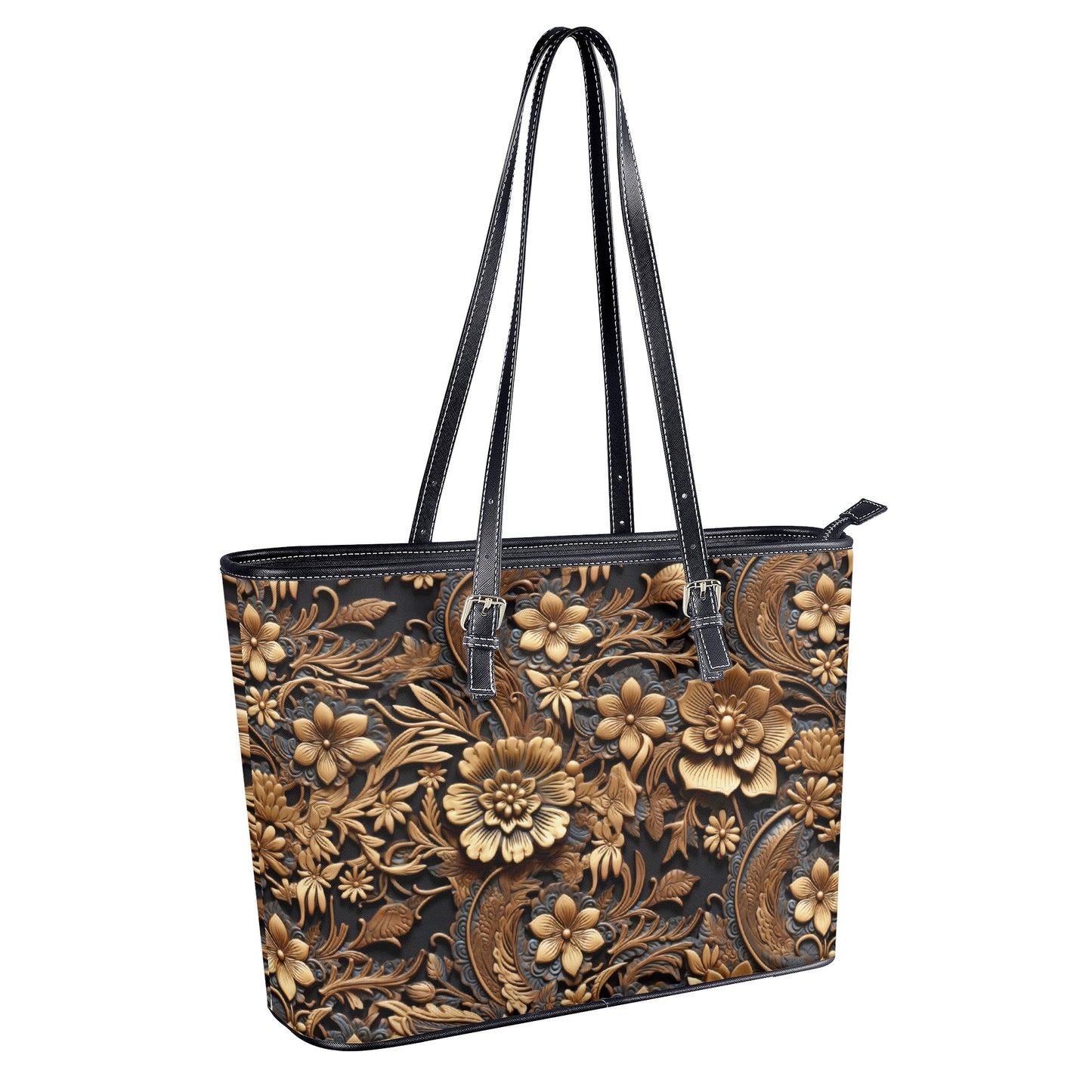 Tooled Leather Large Gold Flowers with Blue Leaf Swirl Accents Print Design Professional Tote Bag Faux Leather (PU) - 2 Sizes