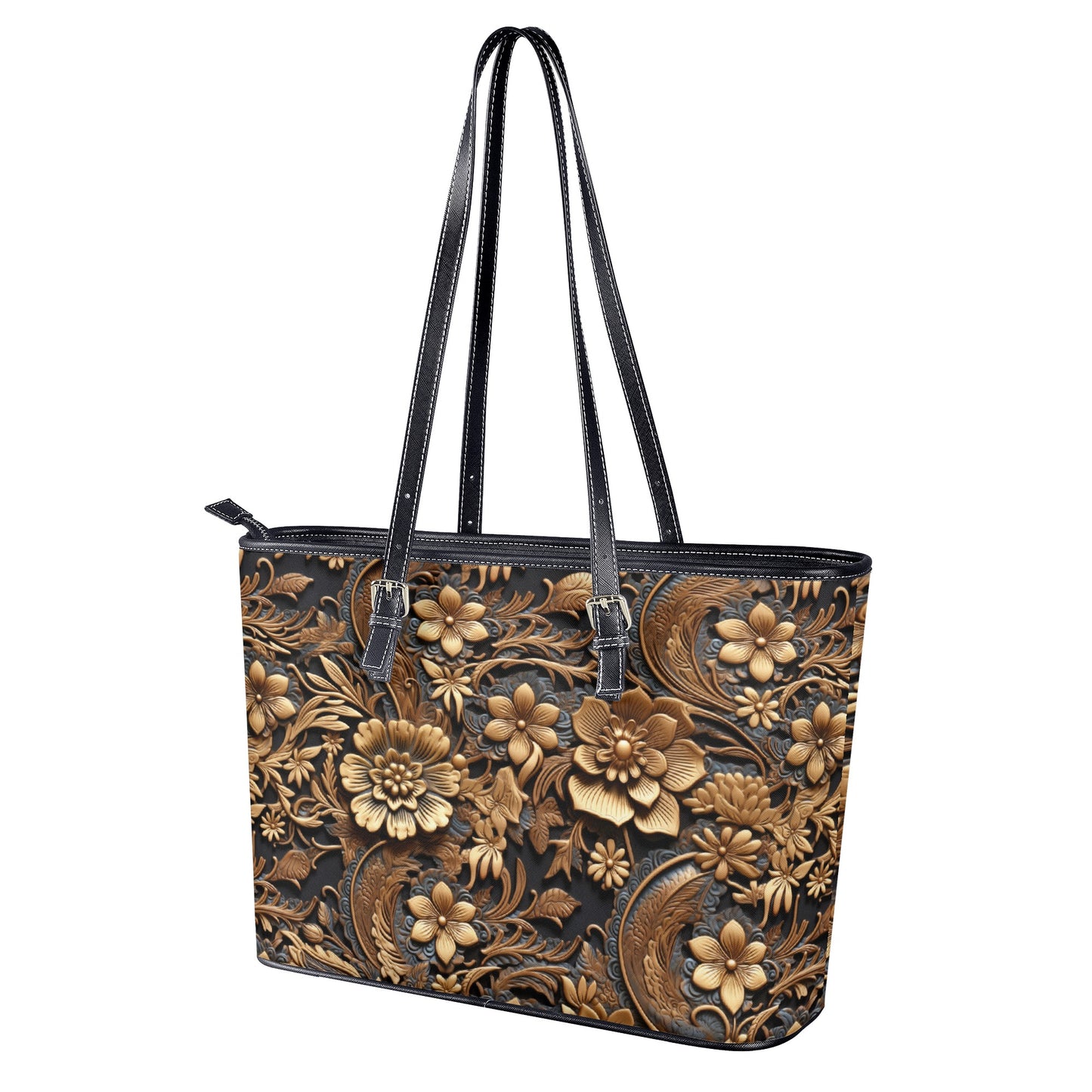 Tooled Leather Large Gold Flowers with Blue Leaf Swirl Accents Print Design Professional Tote Bag Faux Leather (PU) - 2 Sizes