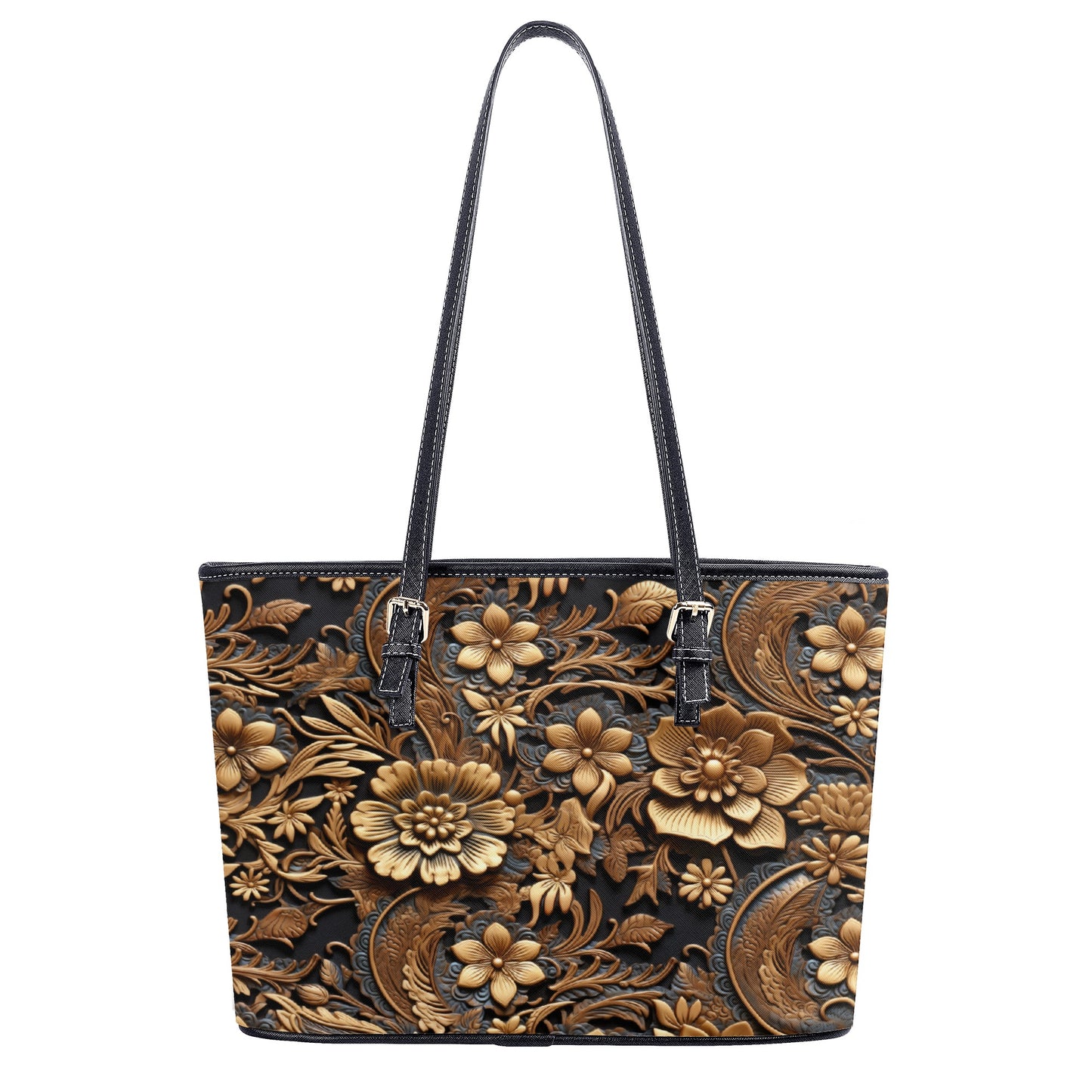 Tooled Leather Large Gold Flowers with Blue Leaf Swirl Accents Print Design Professional Tote Bag Faux Leather (PU) - 2 Sizes