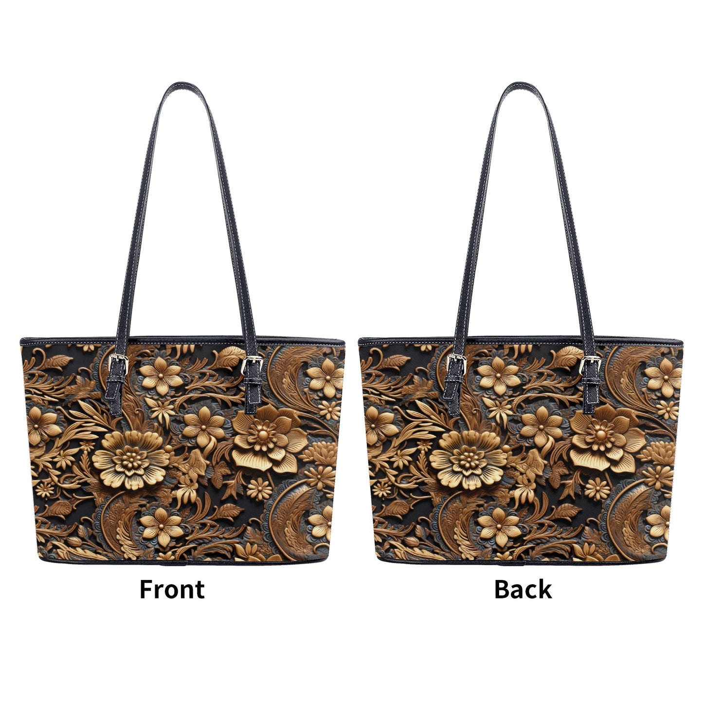 Tooled Leather Large Gold Flowers with Blue Leaf Swirl Accents Print Design Professional Tote Bag Faux Leather (PU) - 2 Sizes