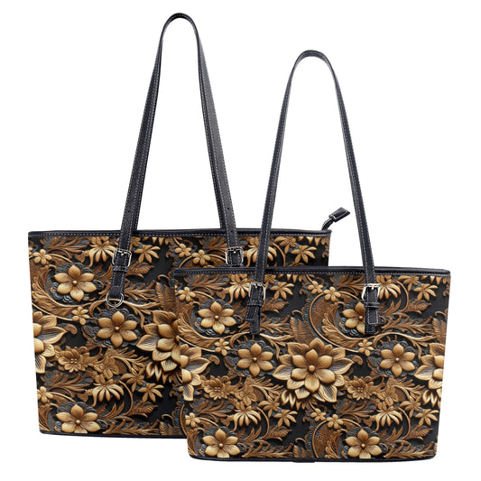 Tooled Gold Leather Flowers with Blue Accent Print Design Professional Tote Bag Faux Leather (PU) - 2 Sizes