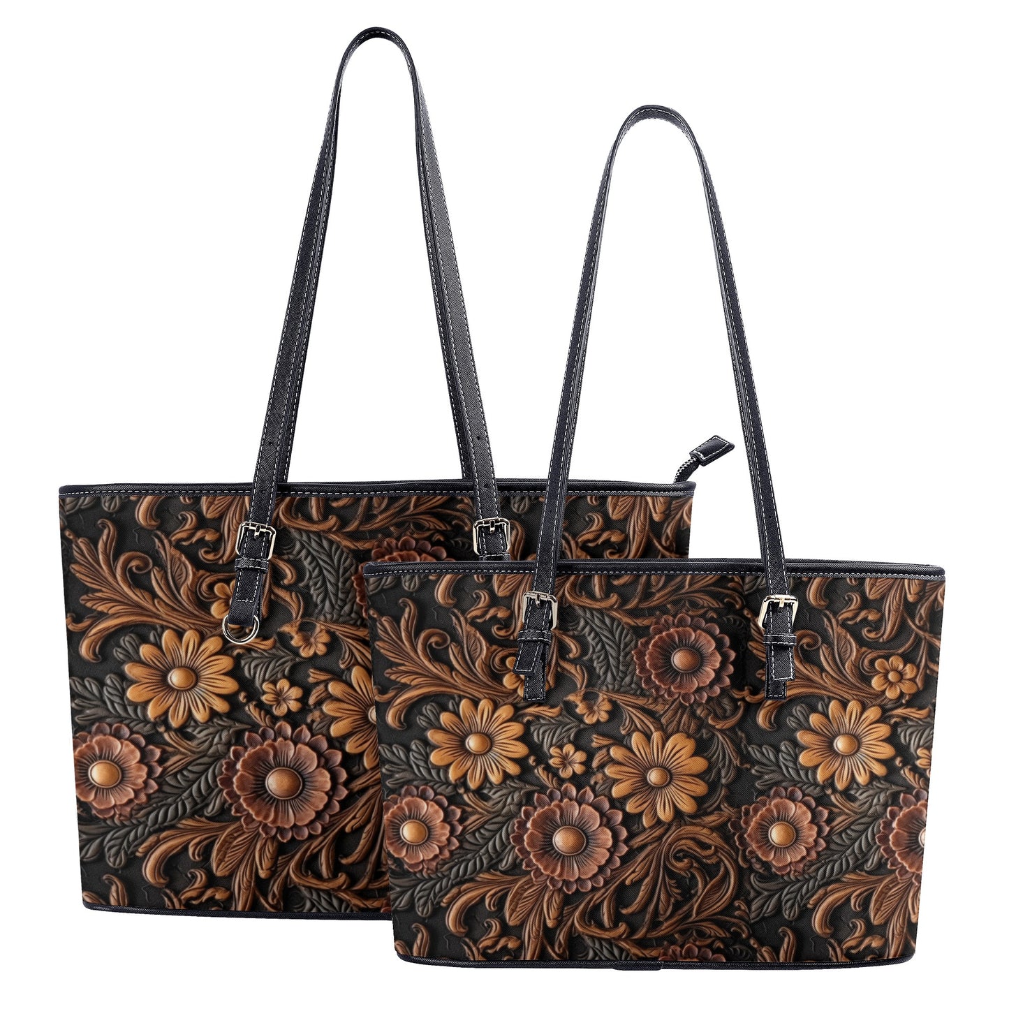 Tooled Leather Large Red & Gold Flowers with Blue Accents Print Design Professional Tote Bag Faux Leather (PU) - 2 Sizes