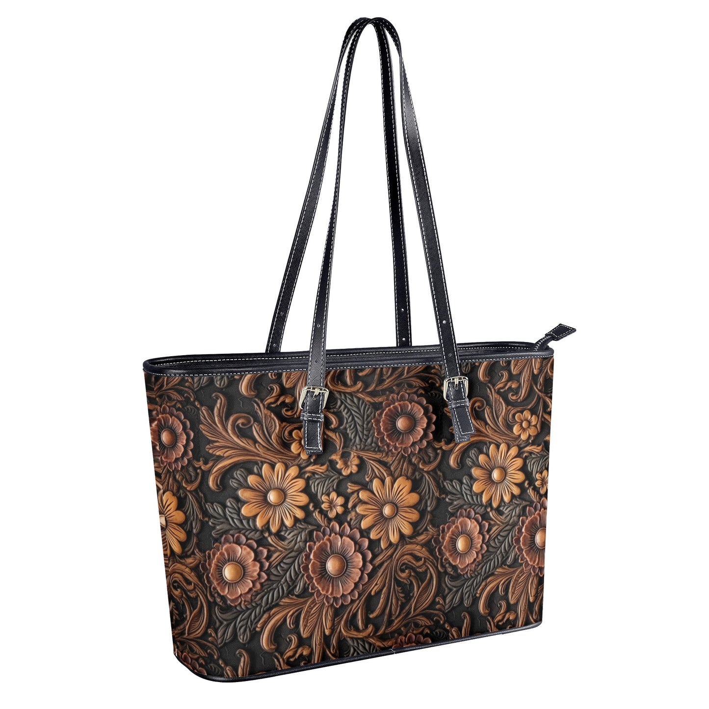 Tooled Leather Large Red & Gold Flowers with Blue Accents Print Design Professional Tote Bag Faux Leather (PU) - 2 Sizes