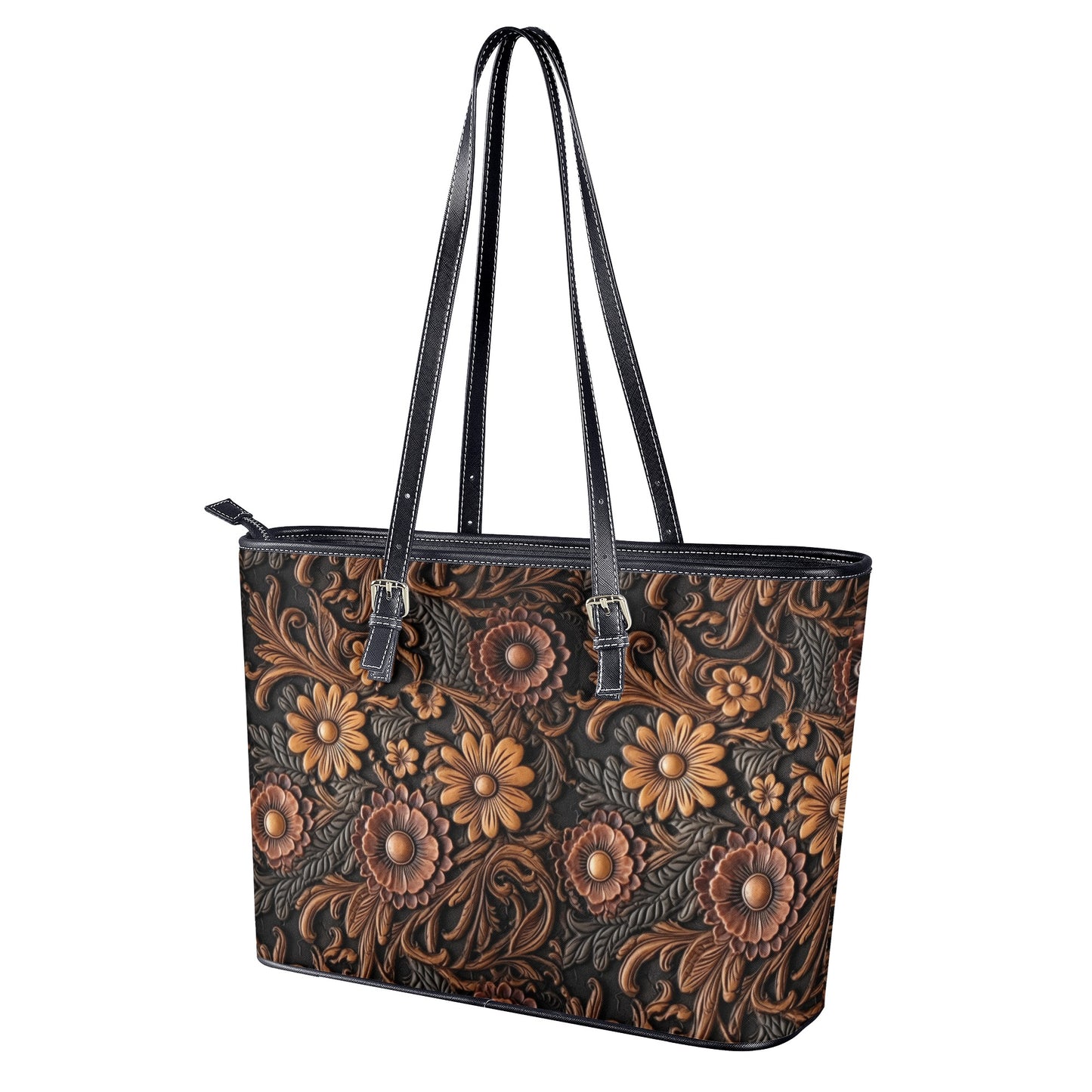 Tooled Leather Large Red & Gold Flowers with Blue Accents Print Design Professional Tote Bag Faux Leather (PU) - 2 Sizes