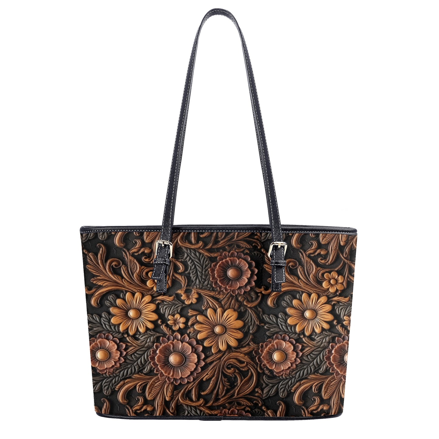 Tooled Leather Large Red & Gold Flowers with Blue Accents Print Design Professional Tote Bag Faux Leather (PU) - 2 Sizes