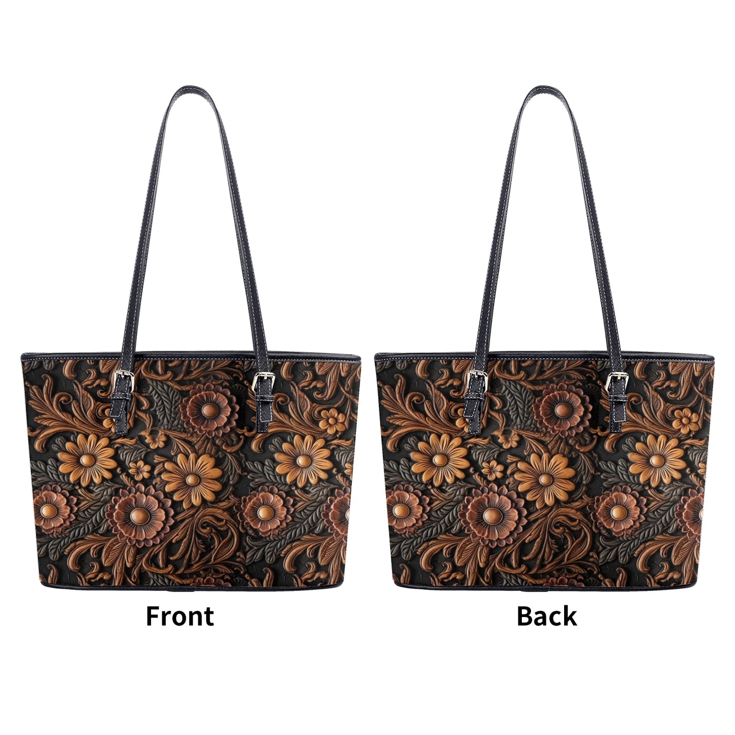 Tooled Leather Large Red & Gold Flowers with Blue Accents Print Design Professional Tote Bag Faux Leather (PU) - 2 Sizes