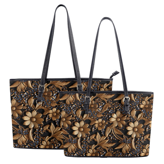 Tooled Leather Gold Flowers with Blue Accents Print Design Professional Tote Bag Faux Leather (PU) - 2 Sizes