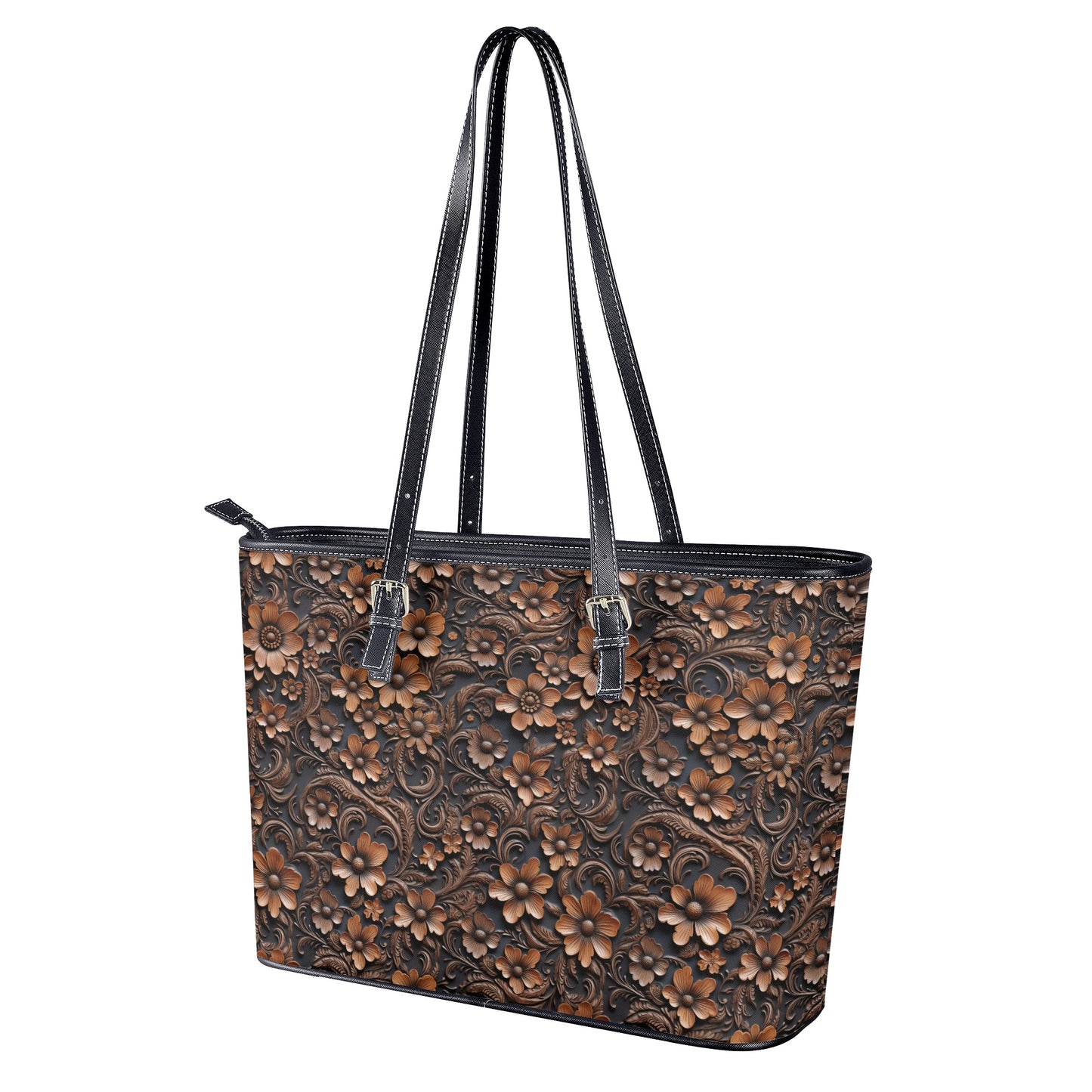 Tooled Deep Brown Leather Flowers Print Professional Tote Bag Faux Leather (PU) - 2 Sizes