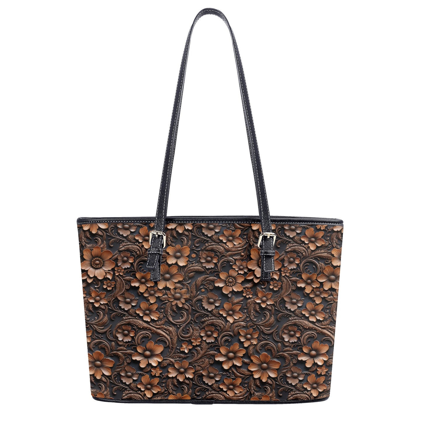 Tooled Deep Brown Leather Flowers Print Professional Tote Bag Faux Leather (PU) - 2 Sizes