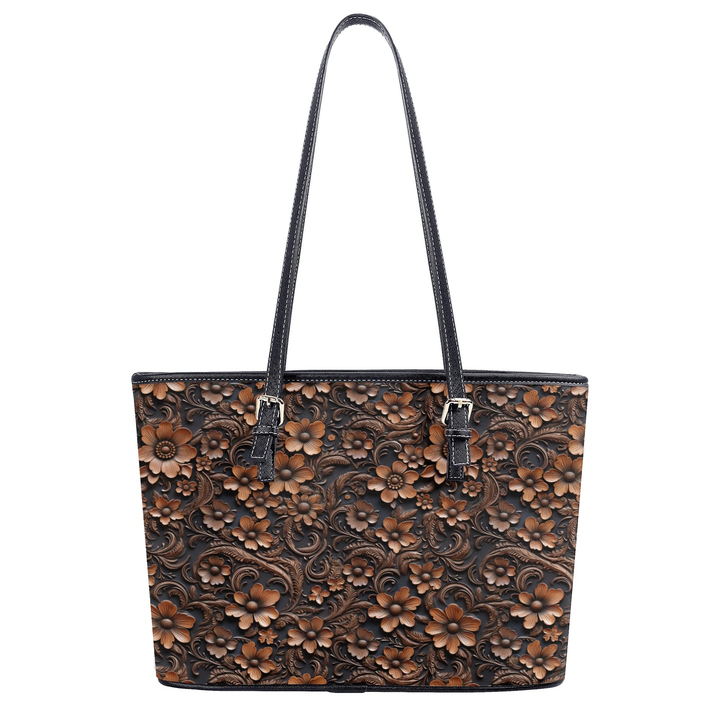 Tooled Deep Brown Leather Flowers Print Professional Tote Bag Faux Leather (PU) - 2 Sizes