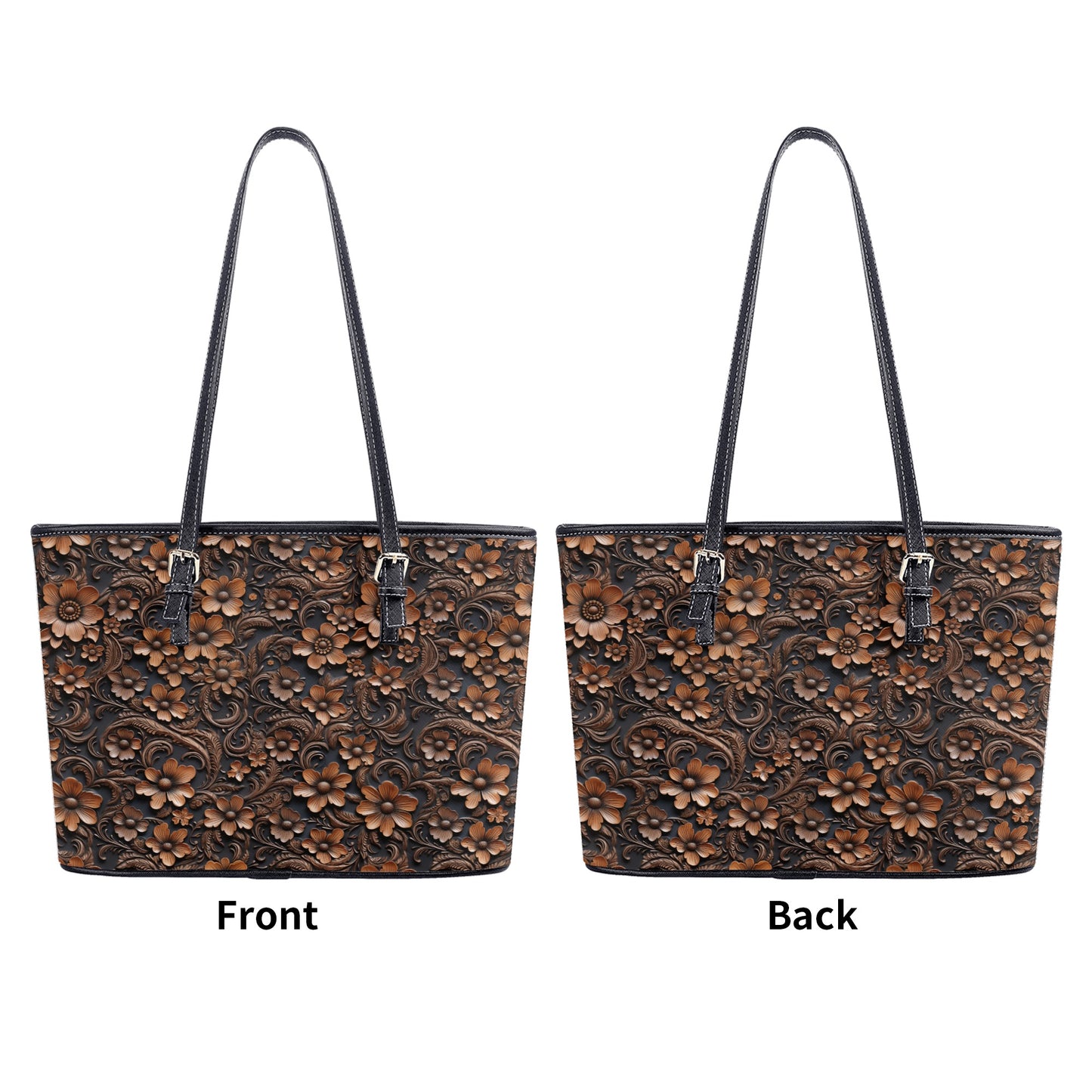 Tooled Deep Brown Leather Flowers Print Professional Tote Bag Faux Leather (PU) - 2 Sizes