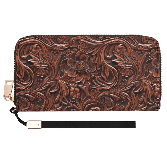 Print of Rustic Tooled Deep Brown Leather Flowers with Leaf Accents - Wristlet Wallet Leather (PU)