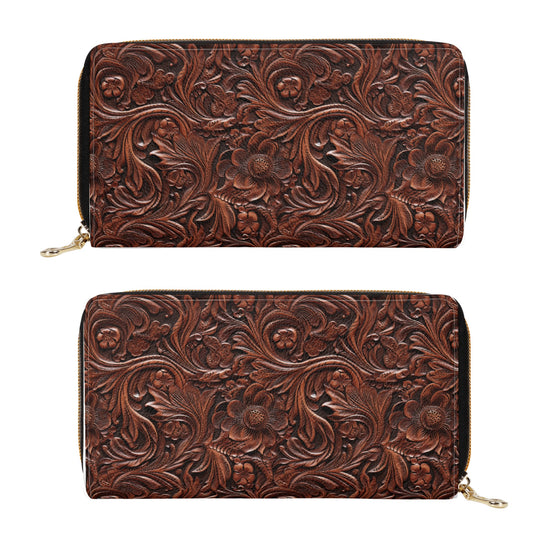 Print of Rustic Tooled Deep Brown Leather Flowers with Leaf Accents Leather Wallet (PU)