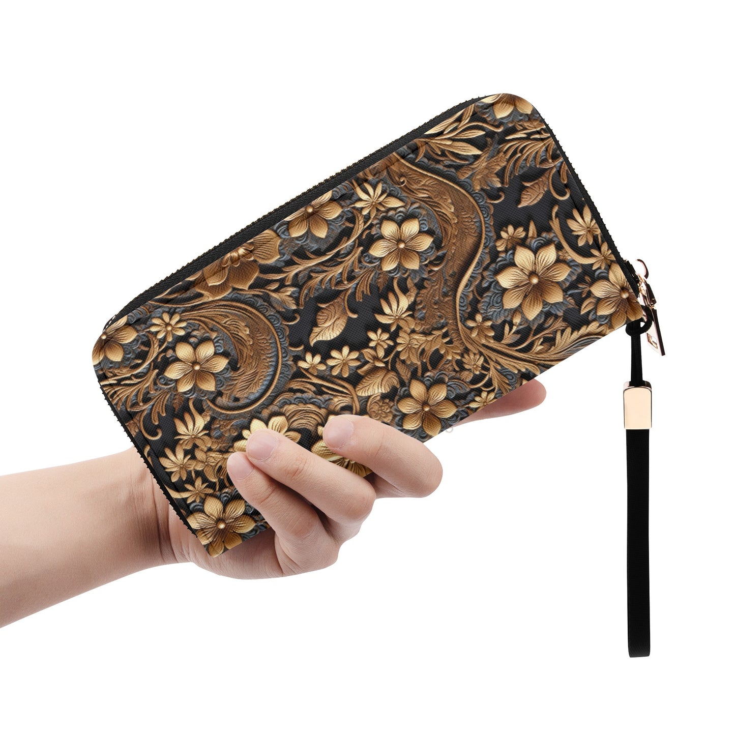 Print of Tooled Leather Large Gold Flowers with Blue Leaf Swirl Accents - Wristlet Wallet Leather (PU)