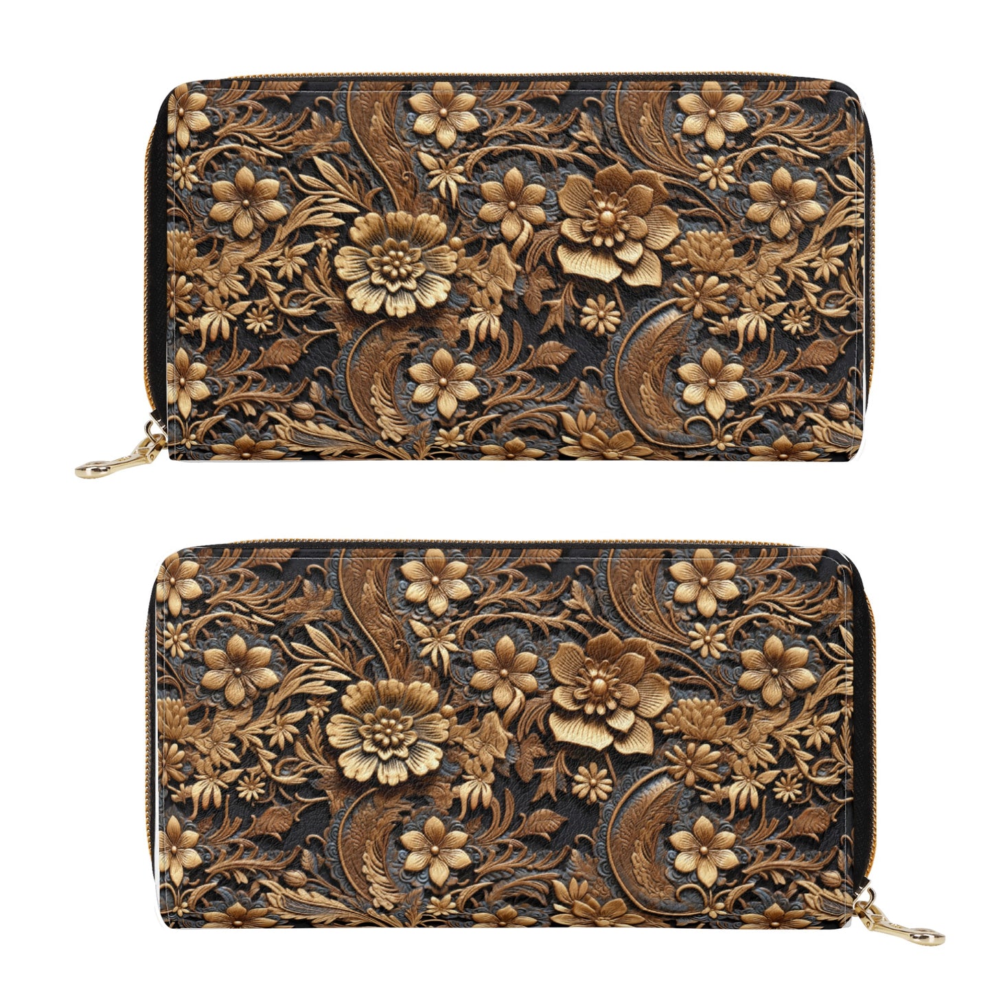 Print of Tooled Leather Large Gold Flowers with Blue Leaf Swirl Accents Leather Wallet (PU)