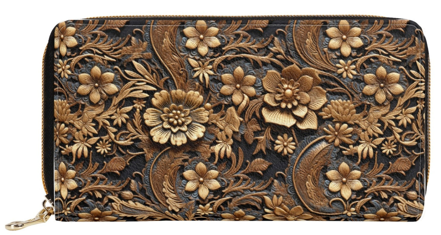 Print of Tooled Leather Large Gold Flowers with Blue Leaf Swirl Accents Leather Wallet (PU)