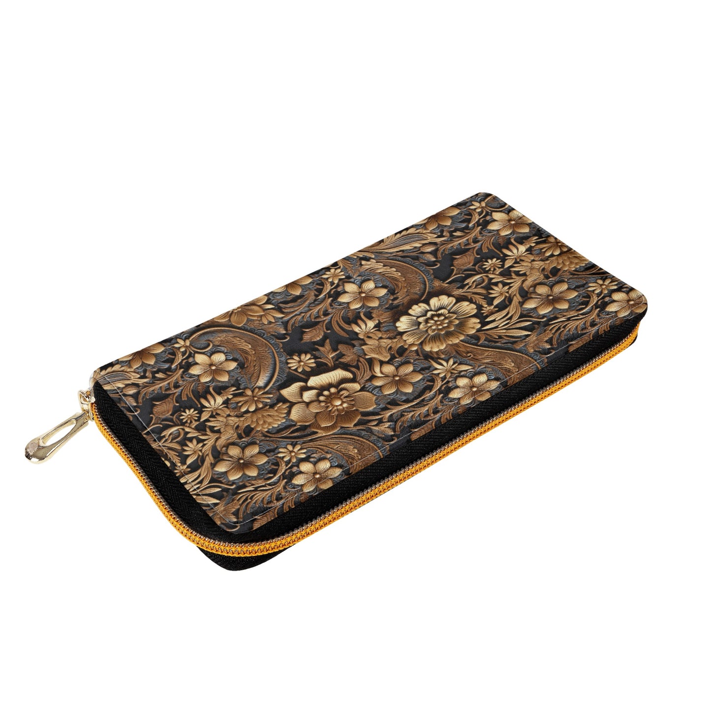 Print of Tooled Leather Large Gold Flowers with Blue Leaf Swirl Accents Leather Wallet (PU)