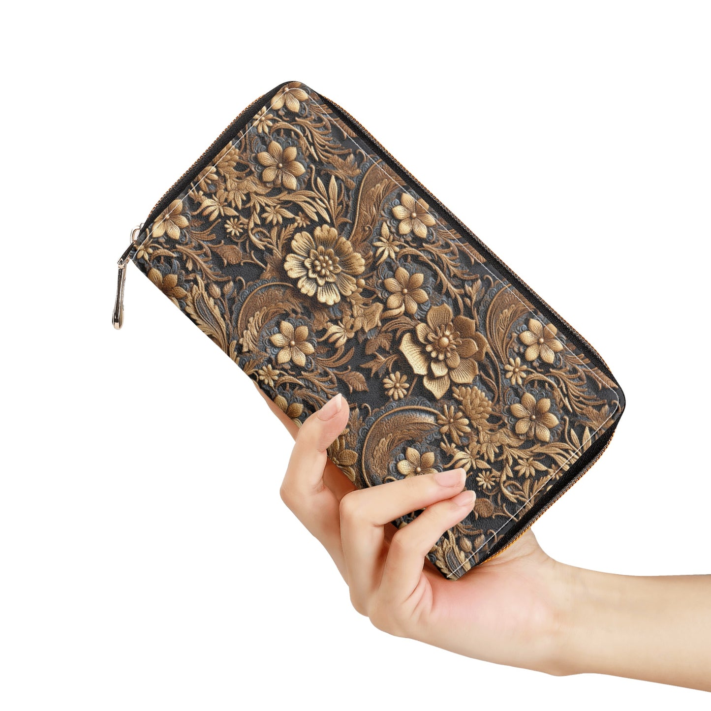 Print of Tooled Leather Large Gold Flowers with Blue Leaf Swirl Accents Leather Wallet (PU)