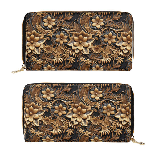 Print of Tooled Leather Large Gold Flowers with Blue Swirl Accents Leather Wallet (PU)