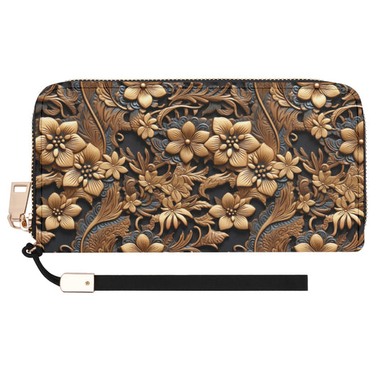 Print of Tooled Leather Large Gold Flowers with Blue Swirl Accents - Wristlet Wallet Leather (PU)